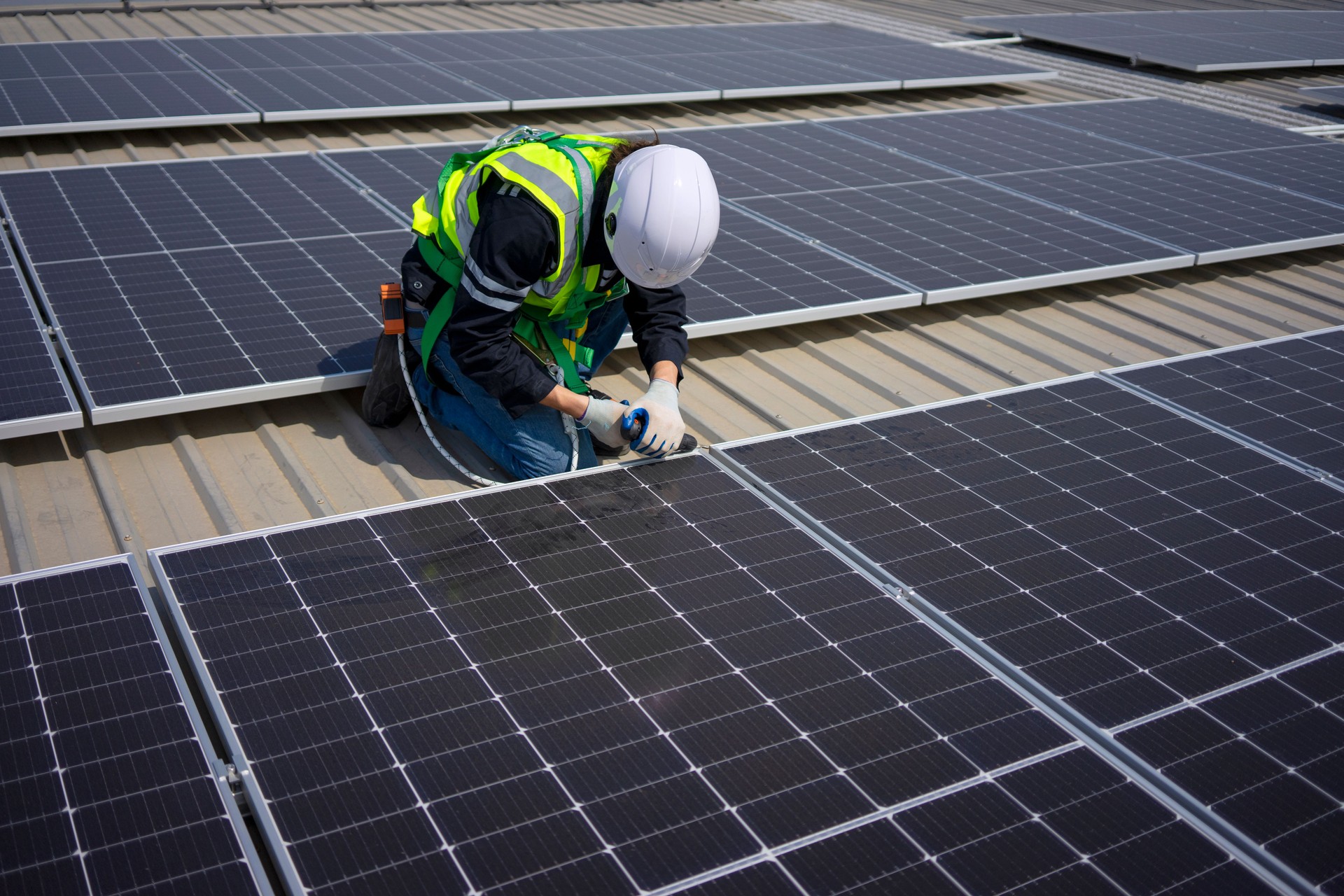 Blue collar worker install solar panel on rooftop.